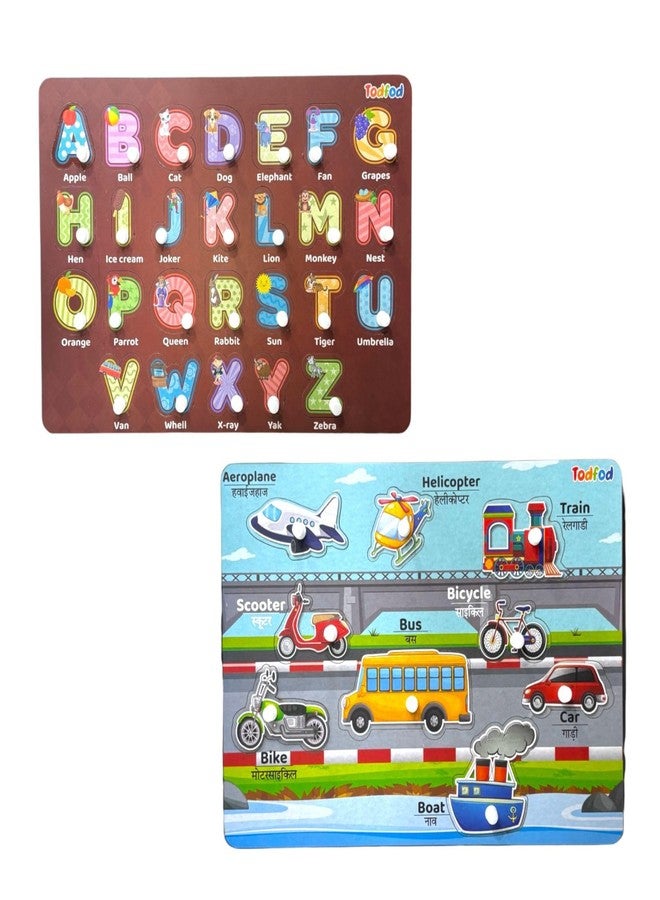 TodFod 4-in-1 Wooden Learning Board | Alphabets Numbers Shapes Vehicles Puzzle | Montessori Educational Toy for Kids 2+ Years | 35-Piece Knob Puzzle Set - Image 1